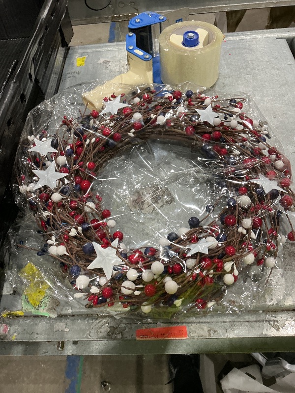 Photo 1 of 1 Pack Mini Wreath Red White & Blue Star Mixed Berries & Pip Berry Candle Rings, Patriotic Decorations 4th of July Candle Rings Small Wreaths,4 inch Center for Pillar Candle (Metallic-2pc)