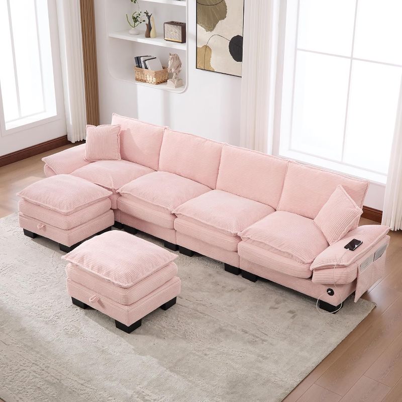 Photo 1 of *incomplete* Modular Sofa with Pillow and Charging Plug,Deep Seat Corduroy Couch with Cushionand Footstool for Living Room, Apartment (Pink, Couch and Ottoman)