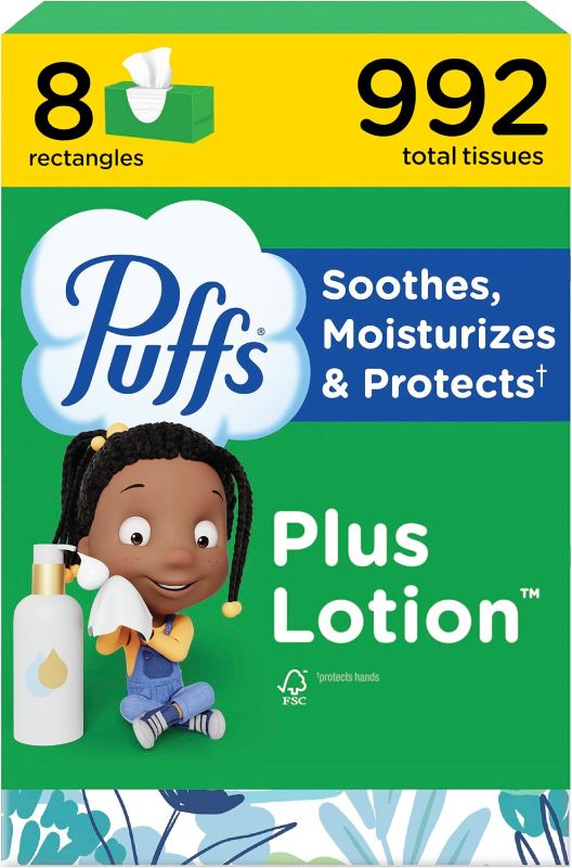 Photo 1 of
Puffs Facial Tissues Plus Lotion, 8 Family Rectangle Boxes, 124 Facial Tissues per Box, Allergies and Colds