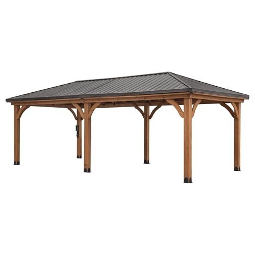 Backyard Discovery Barrington 24' X 12' Cedar Wood Outdoor Gazebo Pavilion with Hardtop Galvanized Steel Hip Roof, Snow Support, Wind Resistance, Powe
