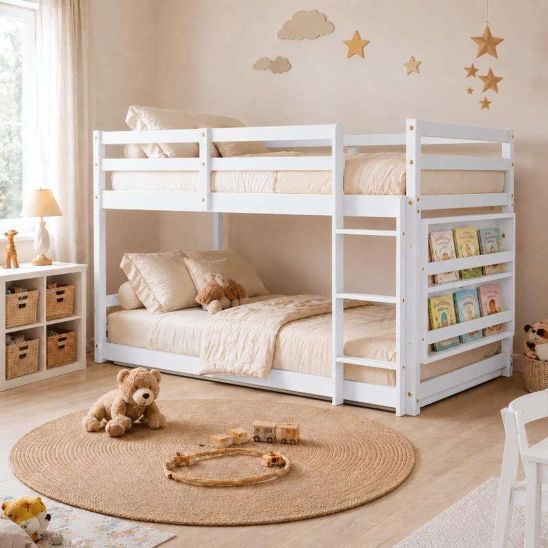 Photo 1 of  Low Bunk Bed Twin Over Twin, Floor Bunk Bed with Bookshelf&Ladder, Twin Bunk Bed with Full Guardrails