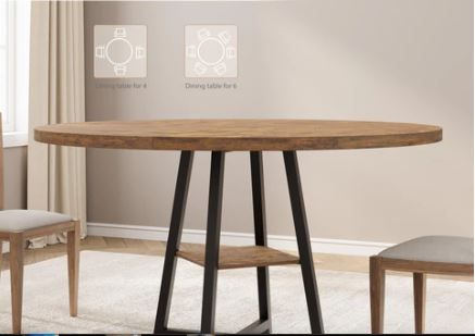 Photo 1 of  Garvee Industrial Round Dining Table for 4-6 – 47 Inch Wood Top, Sturdy Metal Base, Space-Saving Storage Shelf, Modern Kitchen & Dining Room