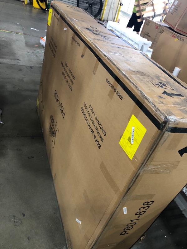 Photo 1 of ***MAJOR DAMAGE***Signature Design by Ashley Clare View Outdoor Patio Sofa, 4 Throw Pillows, Nuvella Weather Resistant Fabric, Eucalyptus Wood, 81" W x 35" D x 32" H, Beige
