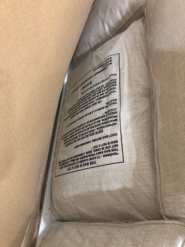 Photo 1 of ***MAJOR DAMAGE***Signature Design by Ashley Clare View Outdoor Patio Sofa, 4 Throw Pillows, Nuvella Weather Resistant Fabric, Eucalyptus Wood, 81" W x 35" D x 32" H, Beige