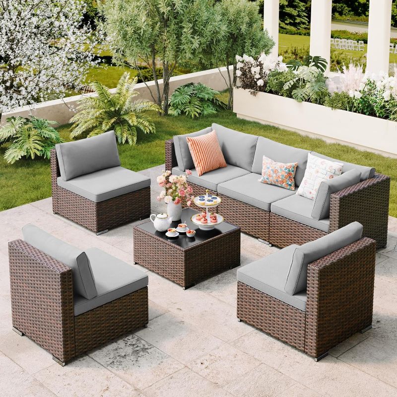 Photo 1 of *** incomplete*** Qsun 7 Pieces Outdoor Patio Furniture Set, PE Rattan Outdoor Wicker Sectional Furniture Sofa Set, with Cushions and Glass Coffee Table, for Balcony, Porch, Garden