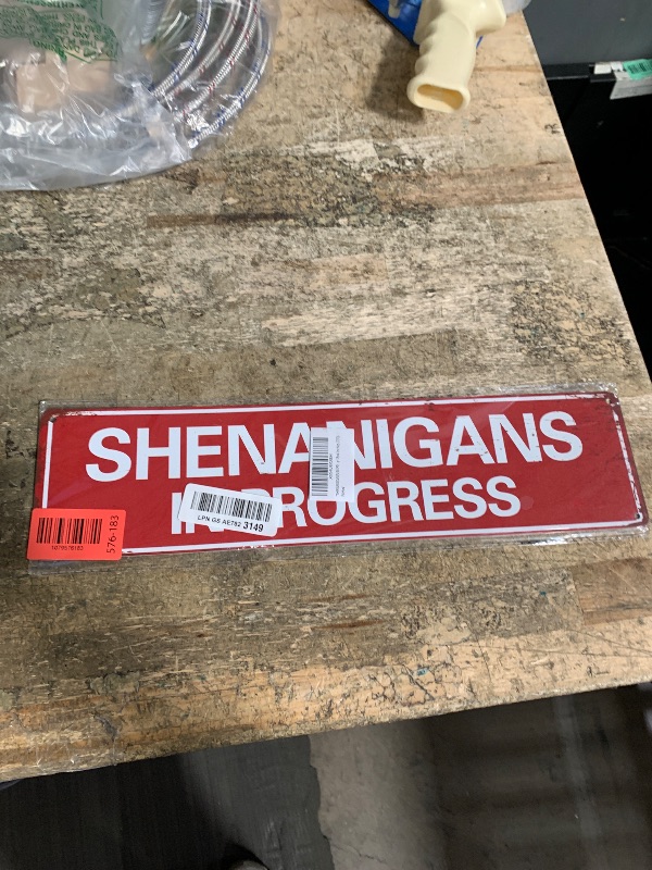 Photo 1 of "SHENANIGANS IN PROGRESS" Metal Sign – Funny Gift Vintage Metal Wall Decor for Bedroom, Bathroom, Kitchen, Cafe, Office, Man-Cave 16x4 Inches (709)