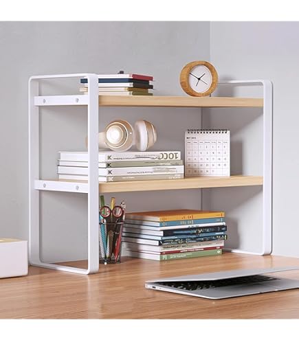 Photo 1 of (small) Janebert Office Desk Shelf Organizer, Wood Desktop Bookshelf Supplies Storage Rack, Shelf for Top of Desk and Dresser and Cubicle Decor Aesthetic Bookshelf (White White-Two Tier)