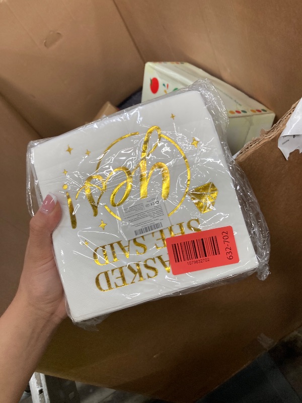 Photo 1 of 100 Pcs He Asked She Said Yes Paper Napkins 3 Ply Gold Foil Disposable Absorbent Hand Towels White Golden Engagement Guest Napkins for Proposal Bridal Shower Wedding Anniversary Party Decorations