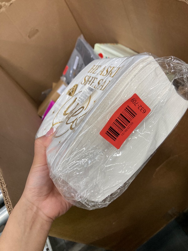 Photo 1 of 100 Pcs He Asked She Said Yes Paper Napkins 3 Ply Gold Foil Disposable Absorbent Hand Towels White Golden Engagement Guest Napkins for Proposal Bridal Shower Wedding Anniversary Party Decorations