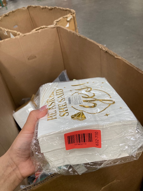 View 2 of 100 Pcs He Asked She Said Yes Paper Napkins 3 Ply Gold Foil Disposable Absorbent Hand Towels White Golden Engagement Guest Napkins for Proposal Bridal Shower Wedding Anniversary Party Decorations