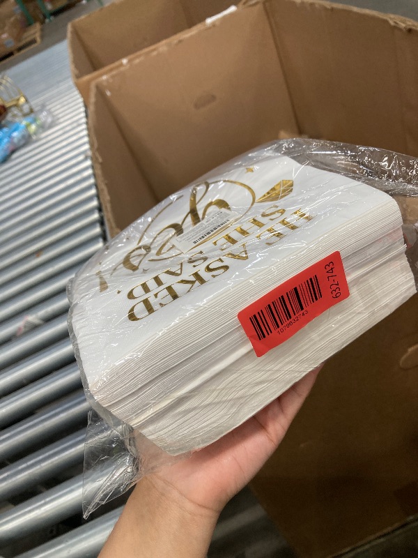 Photo 1 of 100 Pcs He Asked She Said Yes Paper Napkins 3 Ply Gold Foil Disposable Absorbent Hand Towels White Golden Engagement Guest Napkins for Proposal Bridal Shower Wedding Anniversary Party Decorations