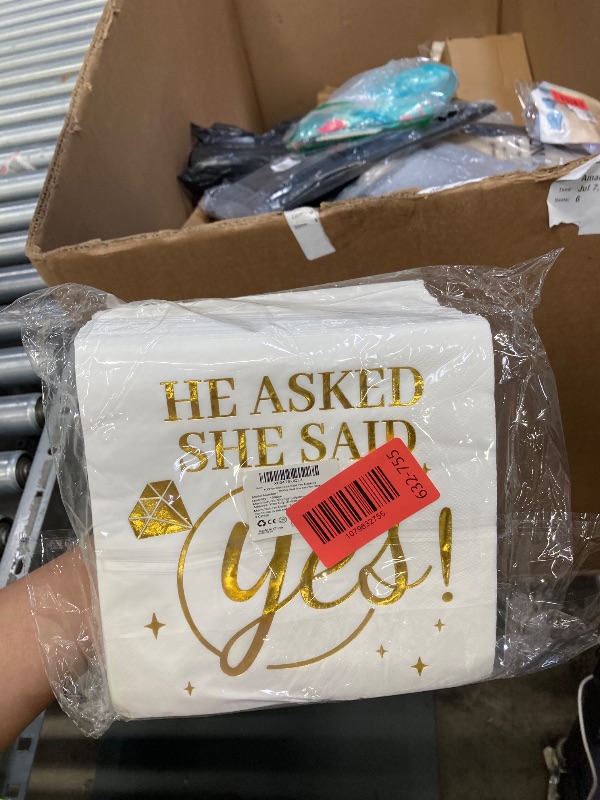 Photo 1 of 100 Pcs He Asked She Said Yes Paper Napkins 3 Ply Gold Foil Disposable Absorbent Hand Towels White Golden Engagement Guest Napkins for Proposal Bridal Shower Wedding Anniversary Party Decorations