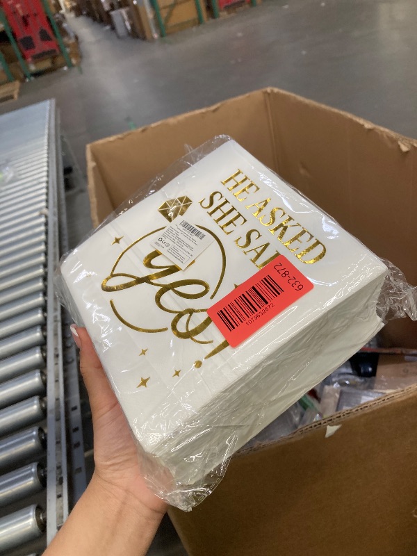 Photo 1 of 100 Pcs He Asked She Said Yes Paper Napkins 3 Ply Gold Foil Disposable Absorbent Hand Towels White Golden Engagement Guest Napkins for Proposal Bridal Shower Wedding Anniversary Party Decorations