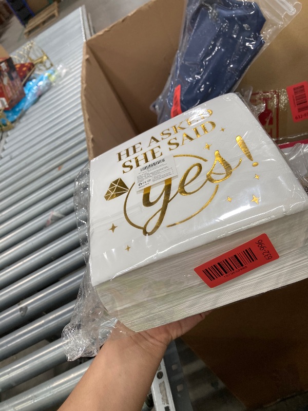 Photo 1 of 100 Pcs He Asked She Said Yes Paper Napkins 3 Ply Gold Foil Disposable Absorbent Hand Towels White Golden Engagement Guest Napkins for Proposal Bridal Shower Wedding Anniversary Party Decorations