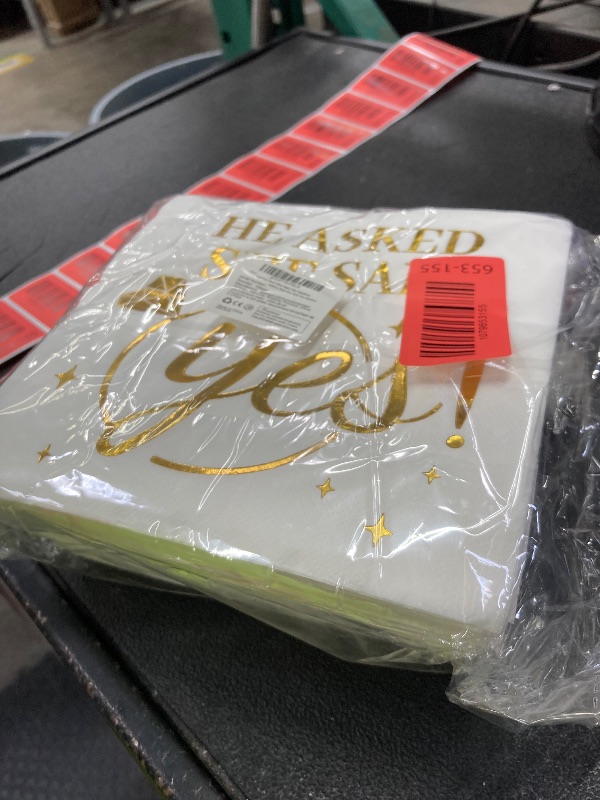 Photo 1 of 100 Pcs He Asked She Said Yes Paper Napkins 3 Ply Gold Foil Disposable Absorbent Hand Towels White Golden Engagement Guest Napkins for Proposal Bridal Shower Wedding Anniversary Party Decorations