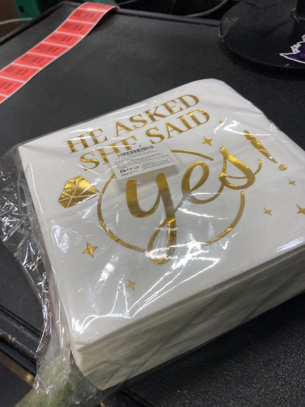 Photo 1 of 100 Pcs He Asked She Said Yes Paper Napkins 3 Ply Gold Foil Disposable Absorbent Hand Towels White Golden Engagement Guest Napkins for Proposal Bridal Shower Wedding Anniversary Party Decorations