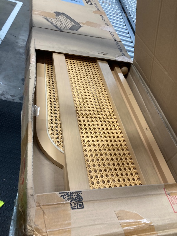 Photo 1 of **Parts are missing.****Merax Full Size Bedframe with Full Trundle and Footboard, Vintage Wooden Daybed Platform Bed with Natural Rattan Headboard, No Box Spring Needed, Noise-Free, Antique Walnut
