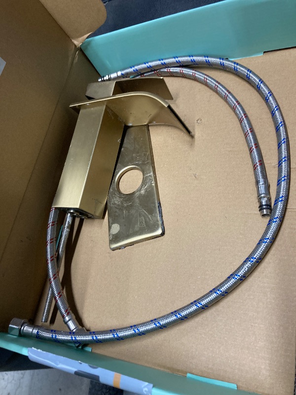 Photo 1 of ***DAMAGED***MISSING PARTS -SELLING AS IS ***  FORIOUS Gold Bathroom Faucets 3 Hole, 8 Inch Widespread Square Waterfall Bathroom Sink Faucet with Metal Pop-up Drain and cUPC Supply Lines, Two Handles for Vanity, Restroom, Commercial