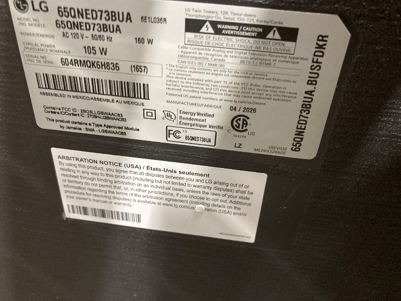 Photo 1 of *Screen damaged* *PARTS ONLY* *NO RETURNS/NO REFUNDS* LG Amazon Exclusive 65-Inch Class QNED AI 4K QNED73 Series Mini LED Smart TV w/AI Sound Pro, HDR10, AI 4K Super Upscaling, Filmmaker Mode, Wow Orchestra, Compatible with Alexa (65QNED73BUA, 2026)
