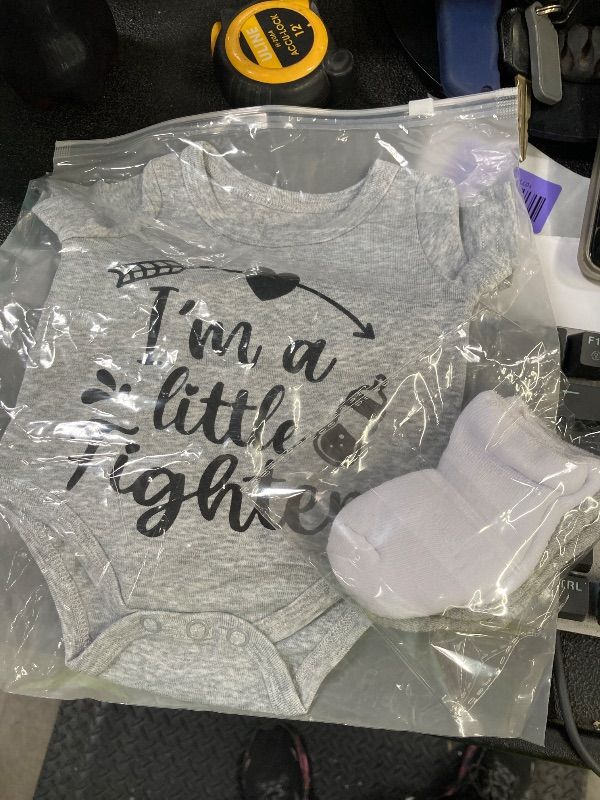 Photo 1 of *Box opened* Toulite NICU Preemie Baby Gift Set I'm Little Fighter Preemie Baby Hat and Bodysuit Cotton Socks with Keychain Coin (Gray)