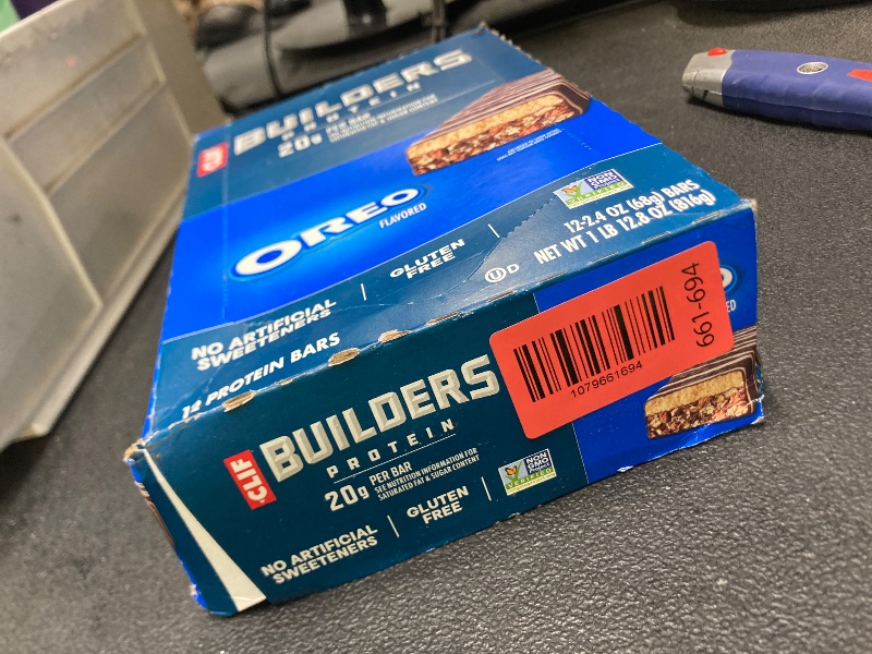 Photo 1 of *Opened* CLIF BUILDERS Protein Bars - OREO-Flavored - 20g Plant Based Protein - Gluten Free - Non-GMO - Low Glycemic - No Artificial Sweeteners - 2.4 oz. (12 Pack)