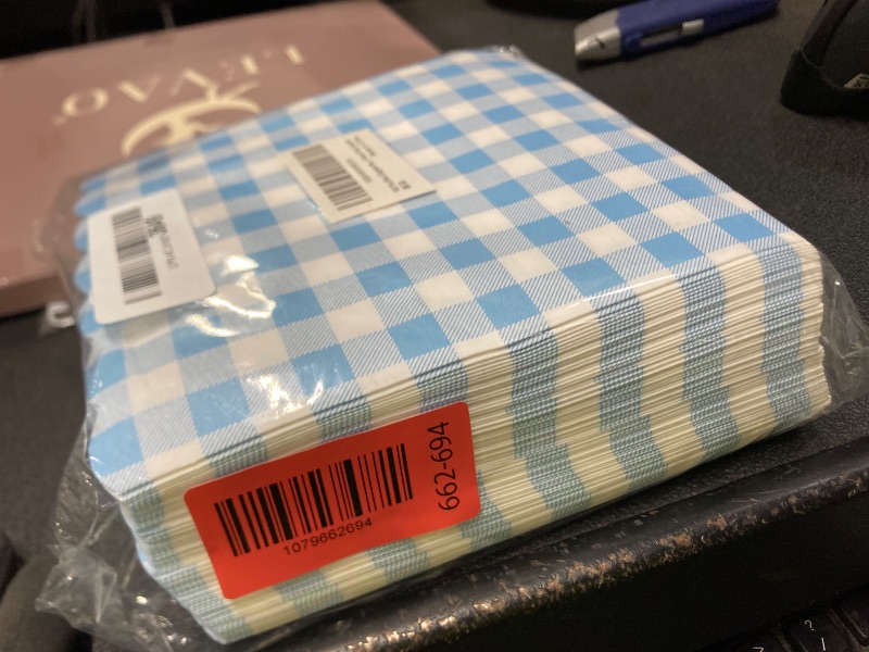 Photo 1 of 100 Pcs Blue Gingham Napkins Disposable - Blue and White Checkered Paper Napkins - Scalloped Plaid Dinner Napkins for Wedding Birthday Baby Shower Picnic Party Supplies