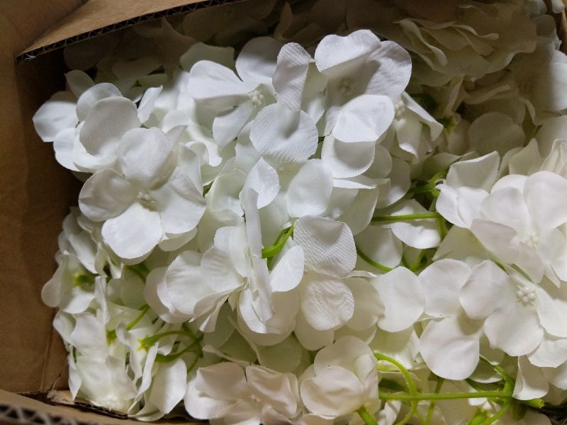 Photo 1 of 100 PCS White Hydrangea Artificial Flowers, Faux Hydrangea Flowers, Fake Hydrangeas, Silk Hydrangea Flowers with Stems, White Artificial Flowers Bulk for Wedding Party Decor Bulk Artificial Flowers