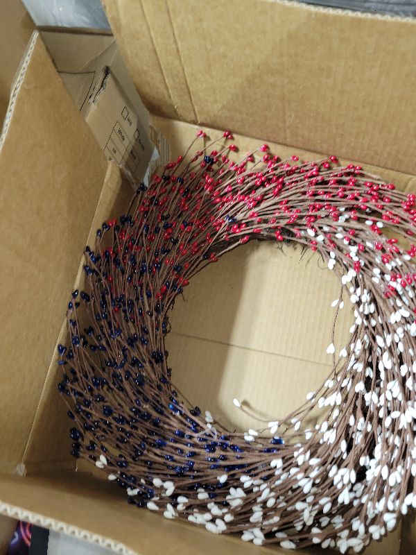 Photo 1 of 24 Inch Summer Patriotic Wreath for 4th July, Independence Day Wreath Pip Berry for American Farmhouse Grapevine Front Door Wall Window Decoration Home Décor