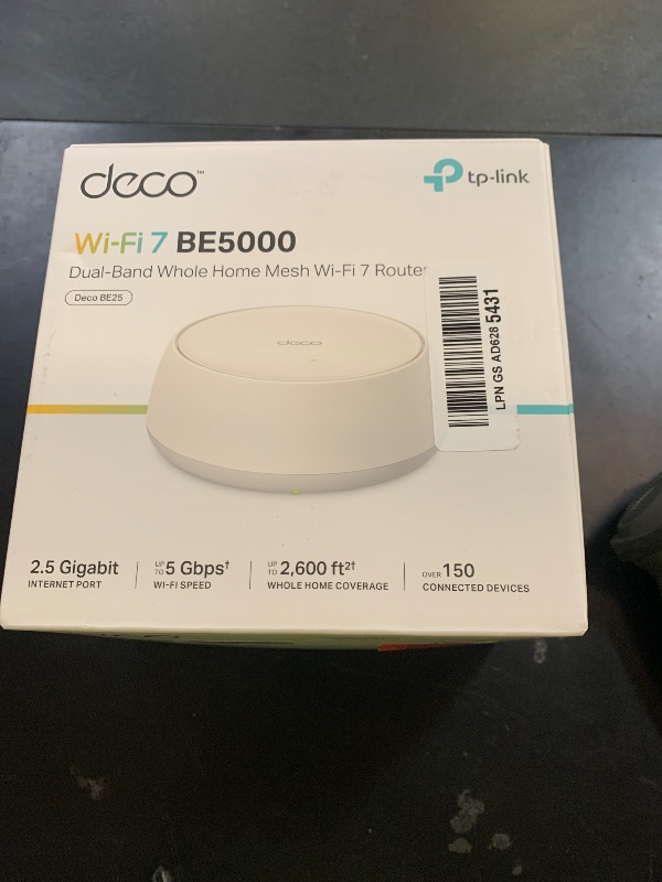 Photo 1 of TP-Link Deco 7 BE25 Dual-Band BE5000 WiFi 7 Mesh Wi-Fi Router | 4-Stream, 240 Mhz Channels | Covers up to 2,600 Sq.Ft | 2X 2.5G Ports Wired Backhaul | VPN, MLO, HomeShield, Free Expert Help, 1-Pack