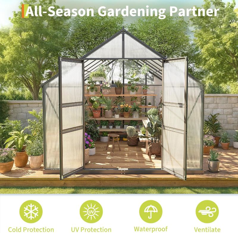 Photo 1 of *** Only box A*** *** ONE BOX OUT OF 2*** Garvee 8x12 FT Outdoor Greenhouse - Quick Setup Structure, Polycarbonate with Lockable Door, 2 Roof Vents, Aluminum Walk-in Heavy Duty, Perfect for Garden Backyard