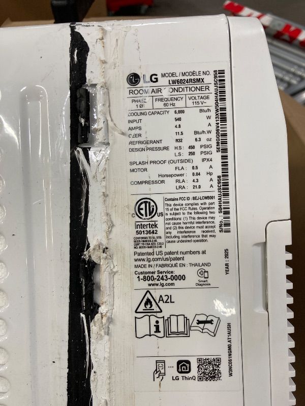 Photo 1 of ***NOT IN ORIGINAL BOX*****LG 6000 BTU Window Air Conditioner[2024 New] Remote Control, WiFi Enabled works with LG ThinQ, Alexa, Hey Google, Washable Filer Ultra-Quiet Cools Small Room up to 250 Sq.Ft AC Unit White LW6024RSMX   EST VALUE 224.00