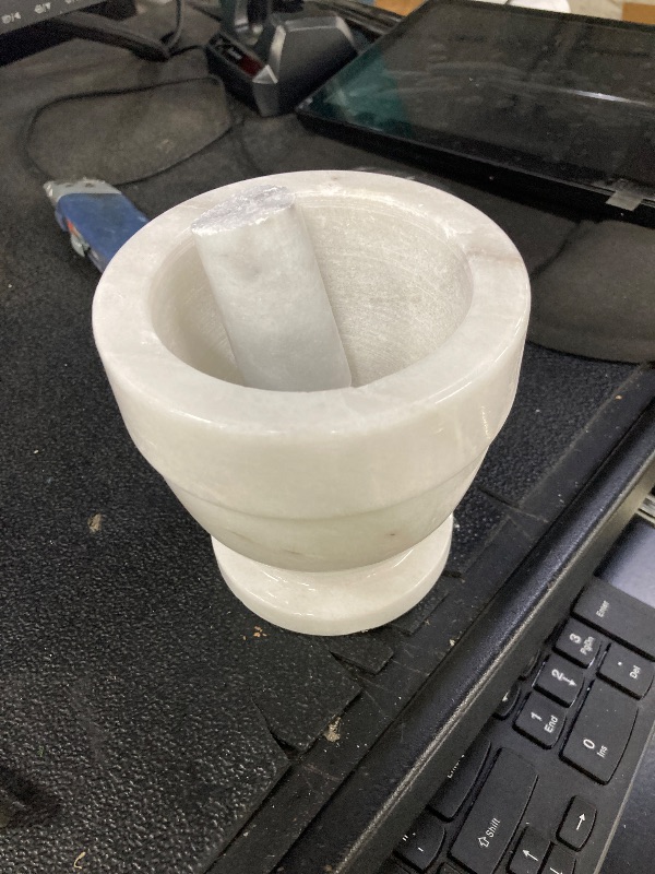 Photo 1 of **Broken Crusher**HIC Kitchen Tall Mortar and Pestle Set, Solid Carrara Marble, 4-Inch, Spice Herb Grinder, Pill Crusher, Nut Butter Maker