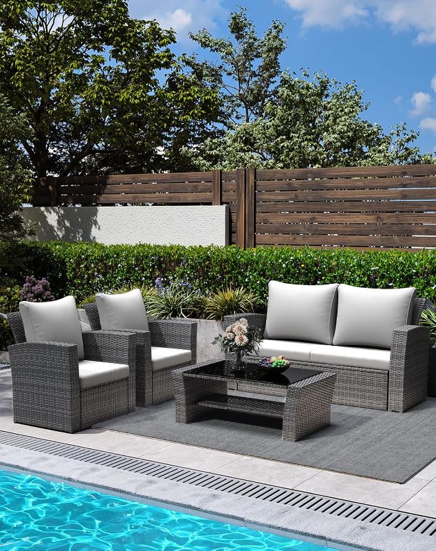 Photo 1 of ***PARTIAL SET*****RoyalCraft 4-Piece Wicker Patio Conversation Furniture Set, All-Weather Outdoor Sofa with Cushions and Glass Table, Grey