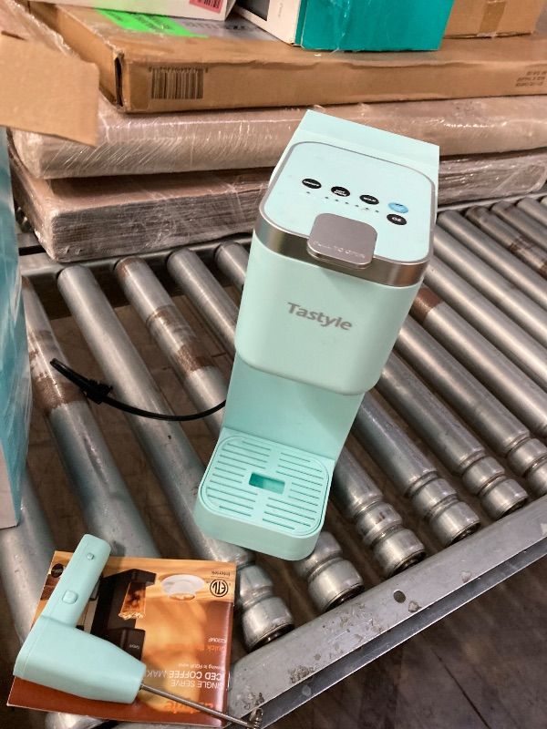 Photo 1 of **NEEDS CLEANING**Tastyle 330MF Single Serve Coffee Maker with Built-in Detachable Milk Frother, Iced and Hot Coffee Machine for K Cup & Grounds, 40oz Removable Water Reservoir, 6 Cup Sizes, Fits 7.3" Travel Mug, Teal