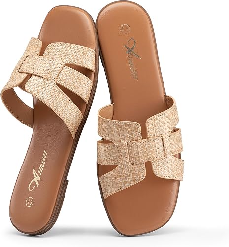 Photo 1 of Athlefit Women's Flat Sandals Dressy Summer Square Open Toe Slip On Leather Slide Sandals 9.5