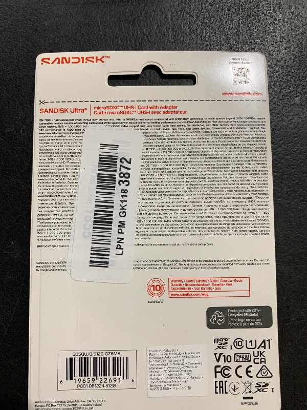 Photo 1 of SANDISK 512GB Ultra microSD UHS-I Card - Up to 195MB/s Read Speed, Full HD Video, V10, U1, C10, A3 - SDSQUJQ-512G-GZ6MA