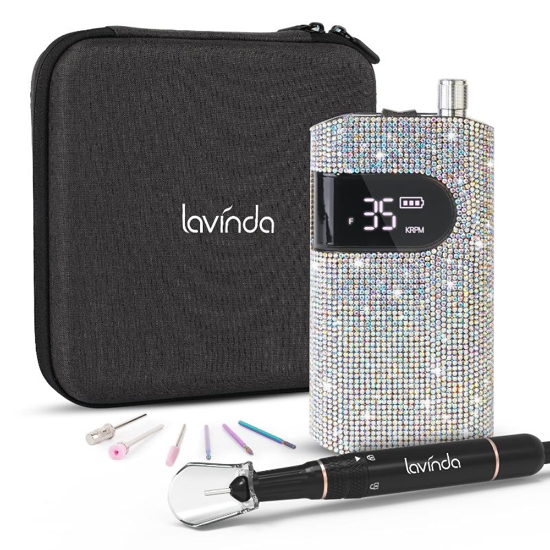 Photo 1 of Professional Rechargeable Nail Drill Machine, Lavinda Diamond 35000RPM Electric Nail File Cordless Portable Nail Drill with Coreless Motor for Acrylic Nails, Manicure Pedicure Tool, Crystal Diamond