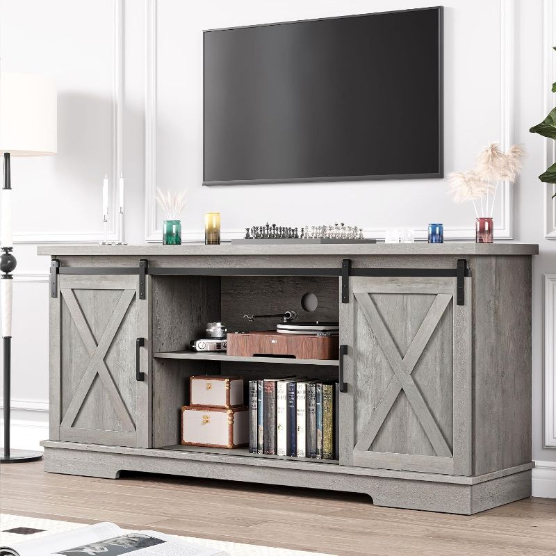 Photo 1 of IDEALHOUSE Grey Farmhouse Cabinet, 65 Inch TV Stand with Storage, Barn Doors (Black)
