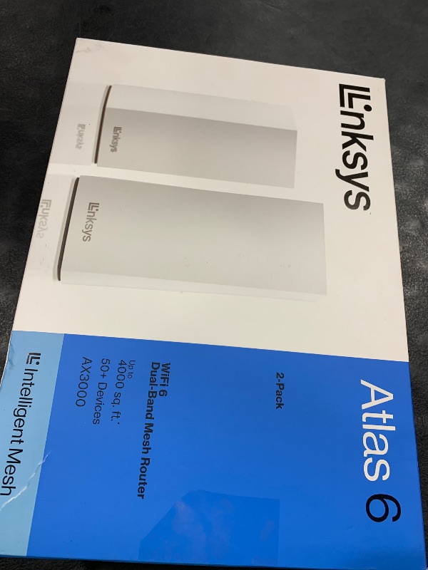 Photo 1 of Linksys Atlas WiFi 6 Router Home WiFi Mesh System, Dual-Band, 4,000 Sq. ft Coverage, 50+ Devices, Speeds up to (AX3000) 3.0Gbps - MX2000 2-Pack
