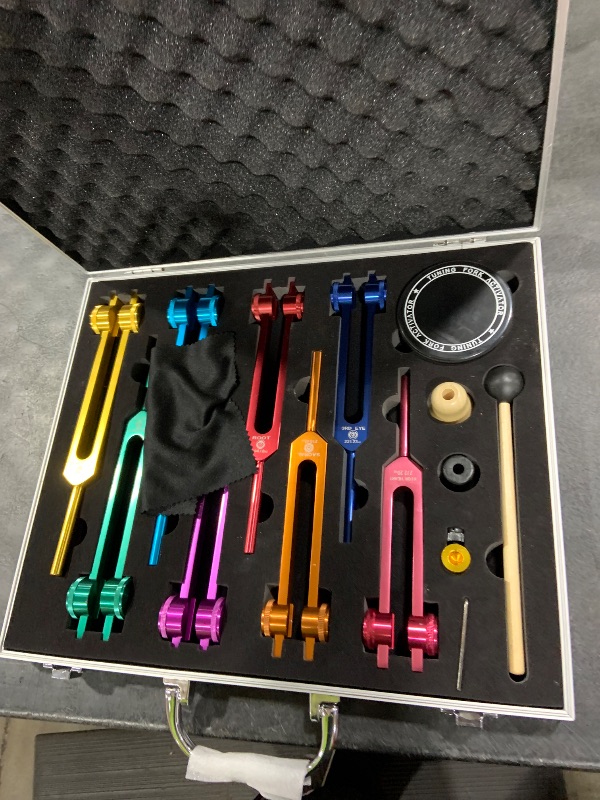 Photo 1 of MIMIRACLE Chakra Tuning Fork Set - 1 Soul Purpose & 7 Chakra Weighted Solfeggio Forks with Activator, Mallet, Base, and Aluminum Box