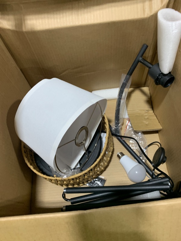 Photo 1 of Ambimall Arc Floor Lamp for Living Room with Remote, Color Temperature & Brightness Adjustable, Boho Standing Lamp with Rattan & Fabric Double Drum Shades, Bulb Included(Black)