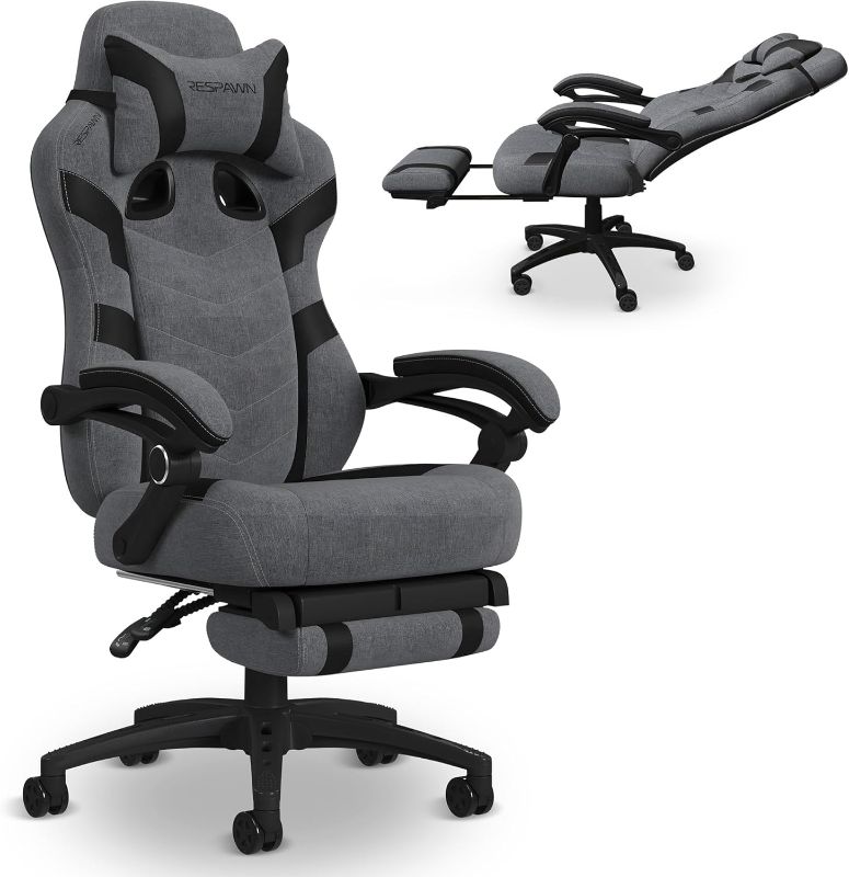 Photo 1 of Respawn 110 Pro Ergonomic Gaming Chair with Footrest for Adults - Comfortable Office Gaming Recliner with Lumbar Support and Headrest, Racing Style Video Game Chairs for Computer Gamer - Gray Fabric