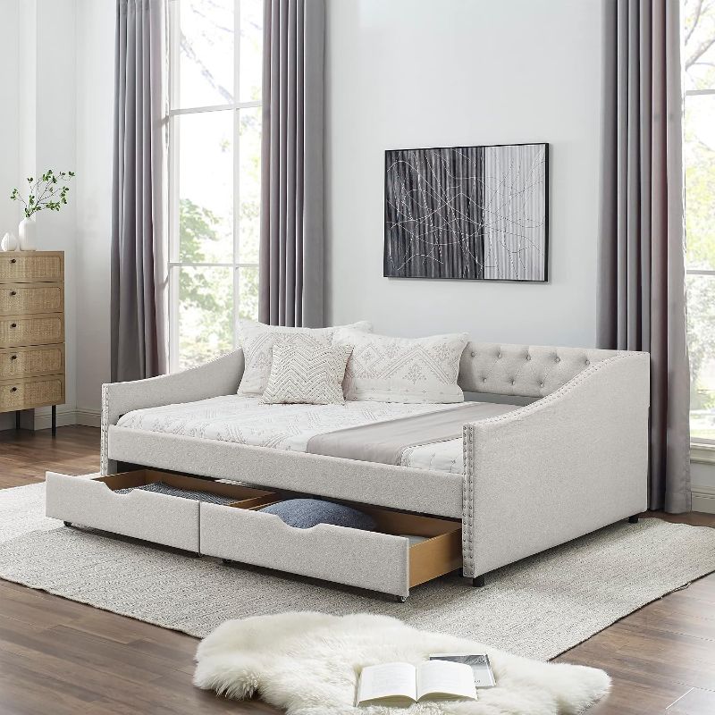 Photo 1 of KEIKI Full Size Upholstery Daybed with 2 Drawers and Headboard, Mid-Century Style Tufted Sofa Bed with Button on Back, Easy Assembly, No Box Spring Required, for Living Room and Bedroom, Beige