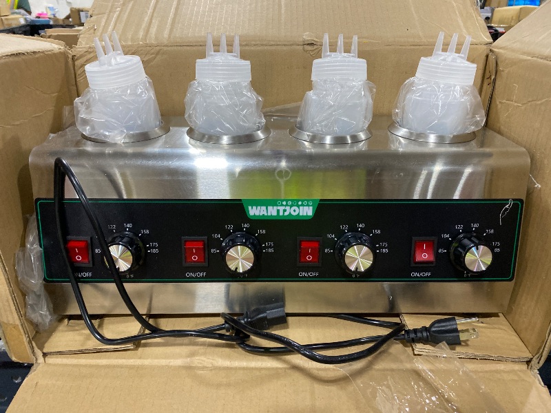 Photo 1 of WantJoin Electric Sauce Warmer Dispenser Countertop Stainless Steel Sauce Heat Preservation Machine Hot Fudge Nacho Cheese Ketchup Chocolate Warmer for Commercial with 650ml Squeeze Bottle*4