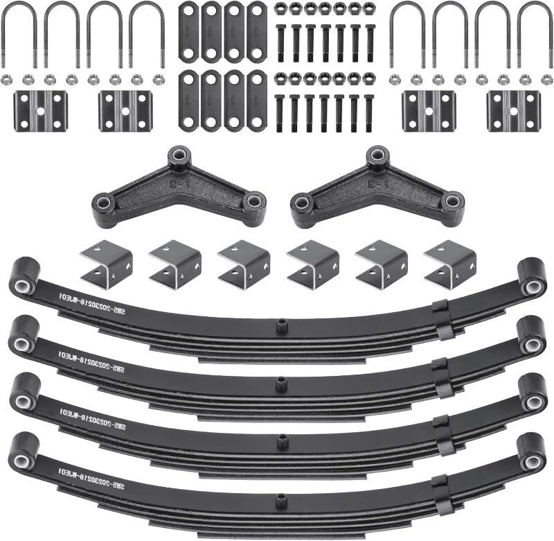 Photo 1 of Aeagle 5 Leaf 3000lb Capacity Double Eye Spring for 5200lb-6000lb Tandem Trailer Axle & U-Bolt & Hanger Kit, 25-1/4" Length, 1.75" Width, 3" Free Open Replaces for SW5, 4 PCS