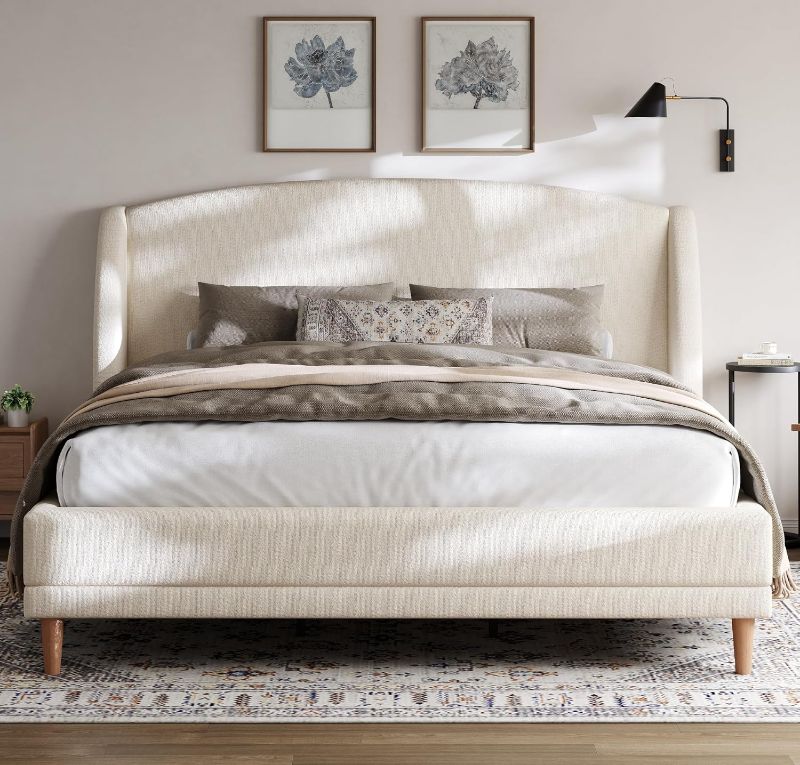 Photo 1 of (INCOMPLETE SET) Virubi California King Size Upholstered Bed Frame with Boucle Fabric and Wingback Headboard, Modern Platform Bed with Solid Wood Legs for Bedroom, White (California King)
