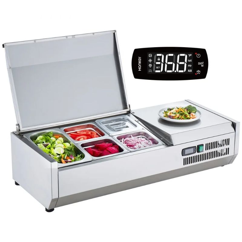 Photo 1 of VEVOR Refrigerated Condiment Prep Station, 130 W Countertop Refrigerated Condiment Station, with 1 1/3 Pan & 4 1/6 Pans, 304 Stainless Body and PC Lid, Sandwich Prep Table with Stainless Guard, ETL