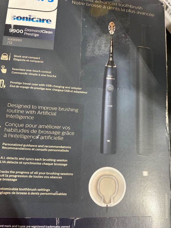 Photo 1 of Philips Sonicare DiamondClean 9900 Prestige Electric Toothbrush - with SenseIQ Technology and Advanced AI App, 5 Brushing Modes, 3 Intensity Levels, Charging Travel Case,Midnight Blue, Model HX9990/12