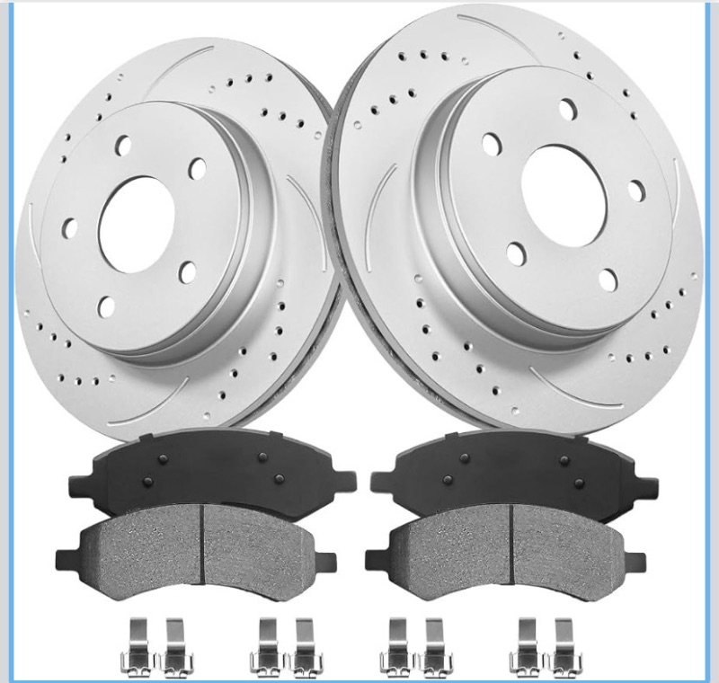 Photo 1 of Front Brake Kit, Drilled & Slotted Brake Rotors and Pads Compatible with 2006-2018 Dodge Ram 1500, 336mm (13.2in) Brake Disc, Geomet Coating