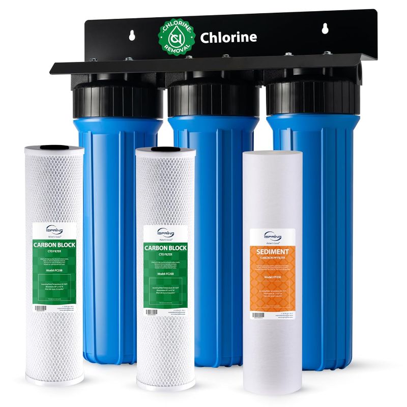 Photo 1 of iSpring Commercial-Grade Whole House Water Filter System, Eliminates 99% Chlorine, Sediment, Taste, Odor, 3-Stage 20x4.5-inch Industrial Standard Filters, Model: WGB32B, 1-inch Inlet/Outlet
